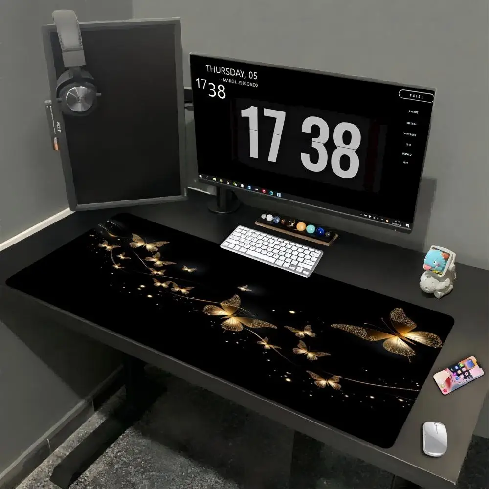 Large Gaming Mouse Pad Golden Butterfly Pattern Desk Mat Non Slip Rubber Keyboard Mat for Office Desktop Decoration