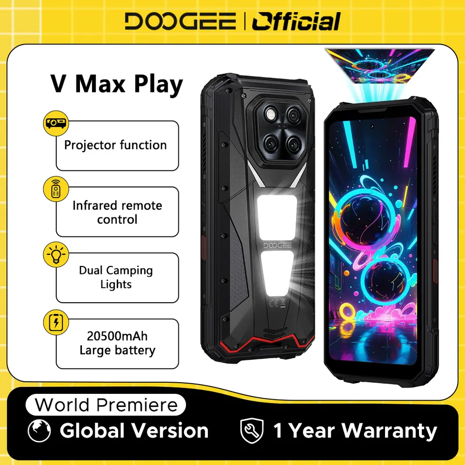 هاتف DOOGEE V Max Play 5G، إصدار عالمي، بروجيكتور، متين، شاشة 6.78 بوصة، بطارية 20500 مللي أمبير، إضاءة تخييم مزدوجة، معالج Dimensity 7300، NFC