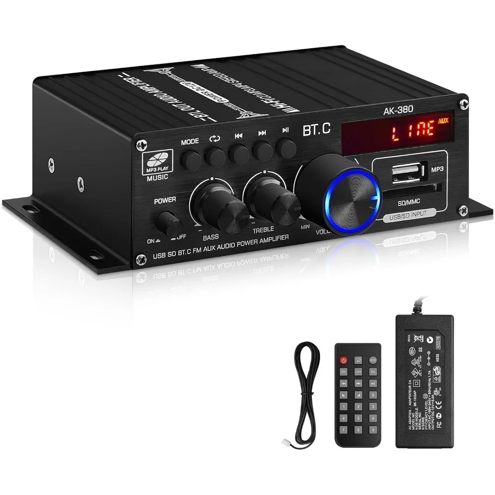 

USB SD BT.C FM AUX Audio Power Amplifier 400W+400W 2.0 CH HiFi Stereo AMP Speaker Bluetooth 5.0 Amp Receiver for Car Home Bar