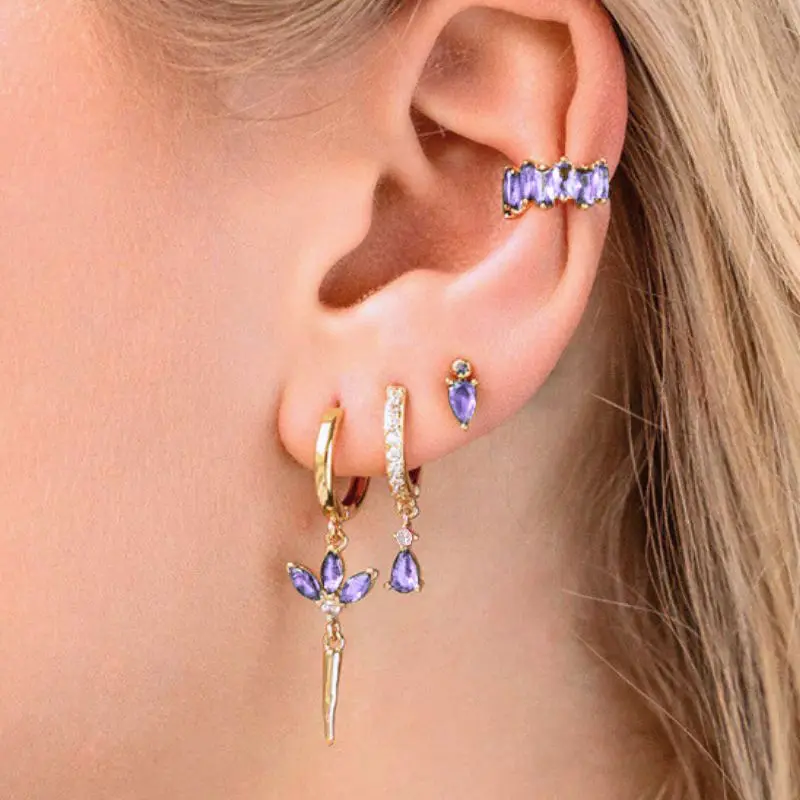 925 Sterling Silver Needle Luxury Purple Zircon Heart Stud Earrings For Women Fashion Geometry Pendant Gold Earring Fine Jewelry