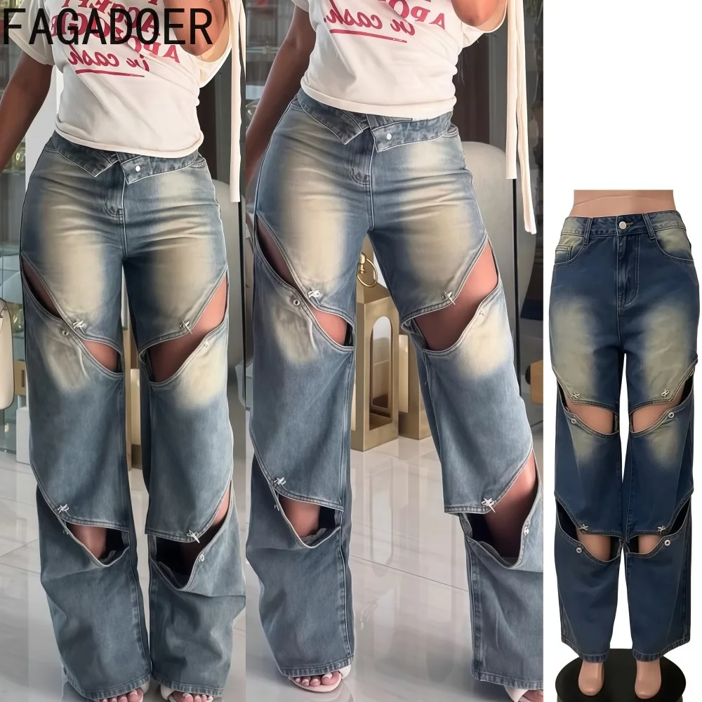 

FAGADOER Retro Fashion Hollow Out Denim Pants Women Hole Patchwork High Waist Straight Leg Jeans Female Streetwear Trousers New