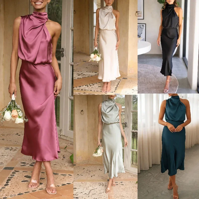 BWQ Abito lungo senza maniche in raso di seta estivo di fascia alta Moda donna Abiti eleganti da celebrità Abito da sera Abiti da festa da donna