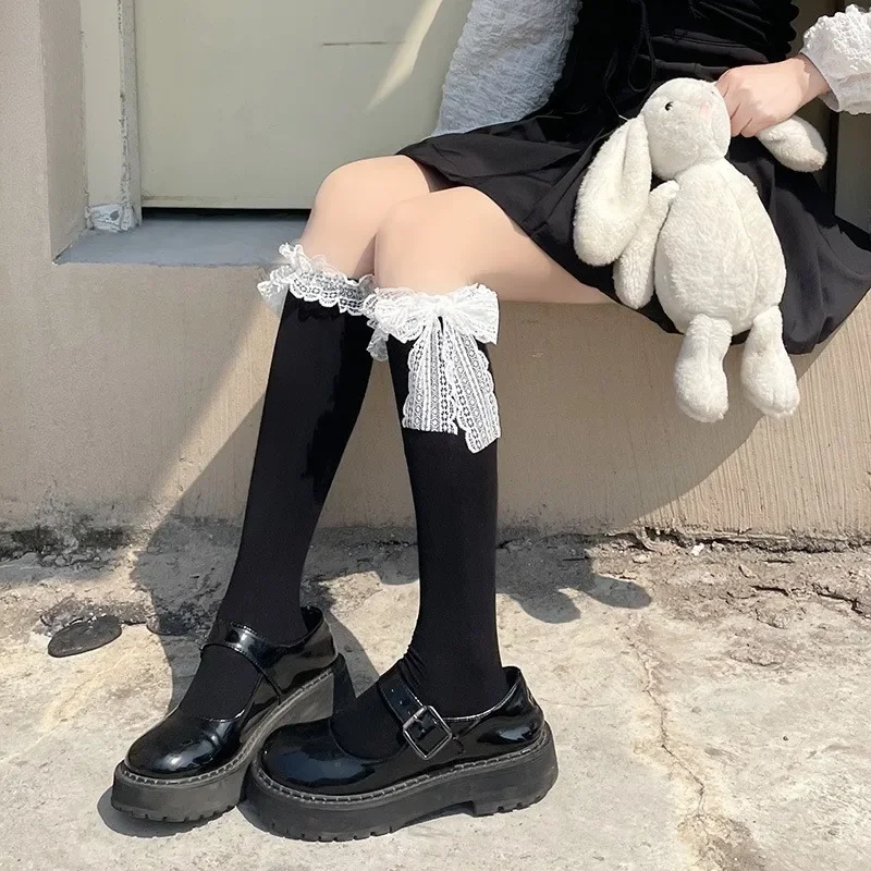 JK Lolita Lace Bow Soft Velvet Knee High Long Socks Women Sexy Long Lace Edge Can Be Tied Into A Bowknot Middle Tube Stockings