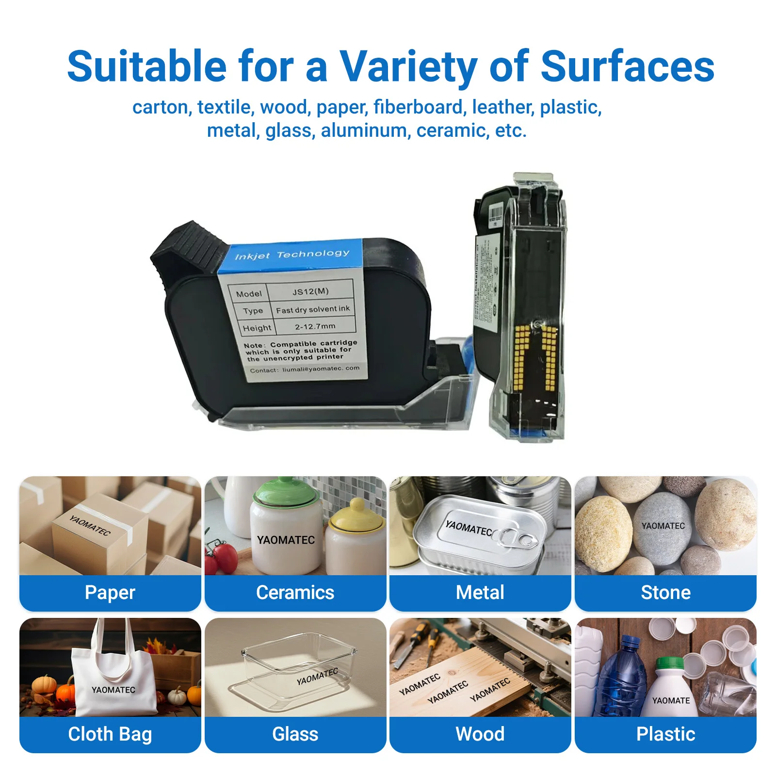 YAOMATEC JS12(M) B 12.7mm Quick Dry Permanent Handheld Inkjet Printer Ink Cartridge