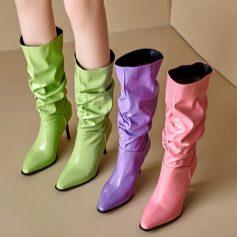 

2025 New Women Mid Calf Boots Pointed Toe Thin High Heel Ladies Short Boots PU Leather Pleated Slip on Dress Women Boots Green