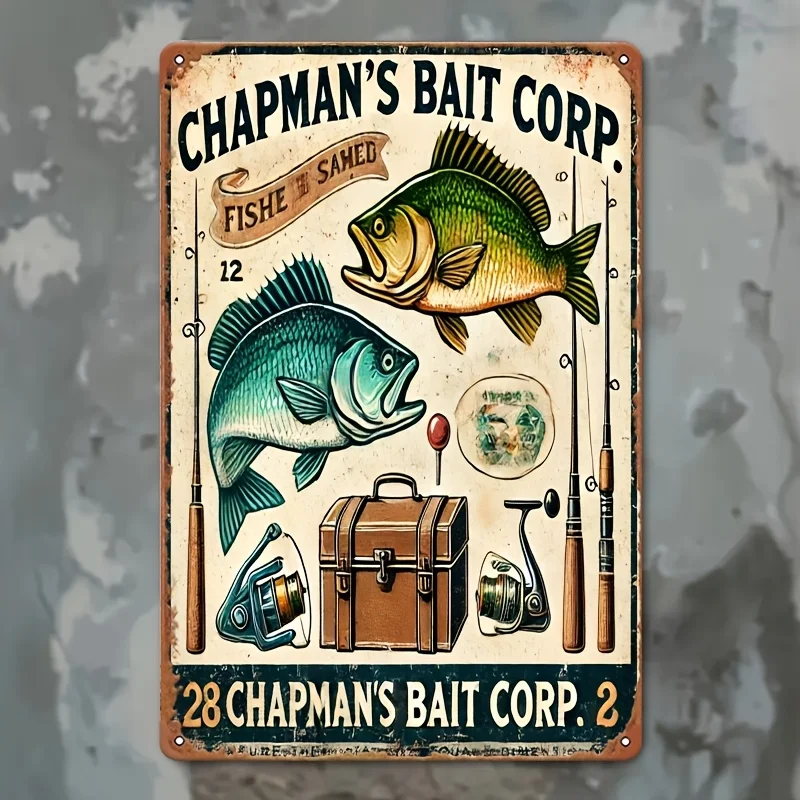 Vintage Chapman Bait Co. Metal Wall Art - Rust-Resistant Decorative Tin Sign with Fishing Theme, Easy to Hang for Bar, Cafe, Cl