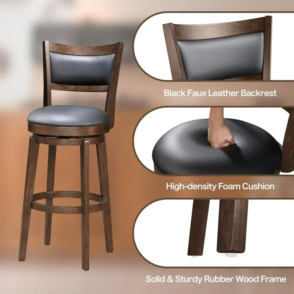 30" Bar Height Stools Set of 4 - High Back Swivel Barstools with Black Faux Leather Upholstered Seat & Solid Wood Footrest