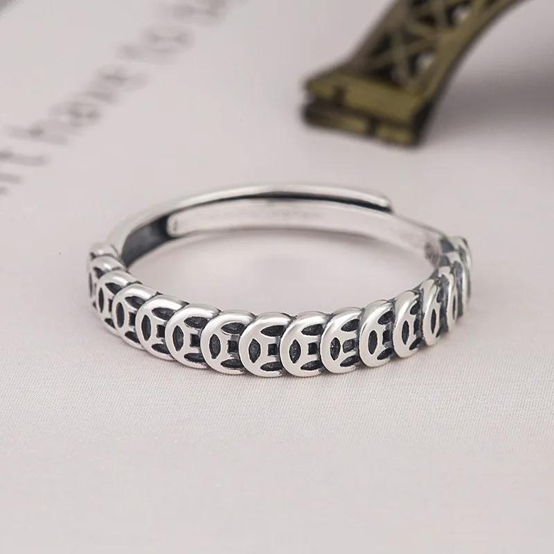 Vintage Chinese Coin Open Ring Retro Distressed Thai Silver Ring Women Minimalist Fashion Jewelry