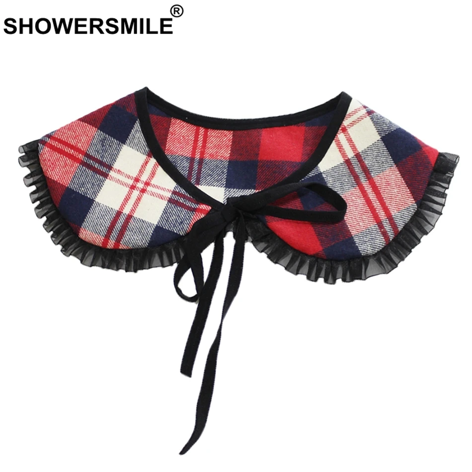 SHOWERSMILE Red Plaid False Collar Women Detachable Collar Female Cotton British Ladies Bow Peter Pan Fake Collar Lace-up