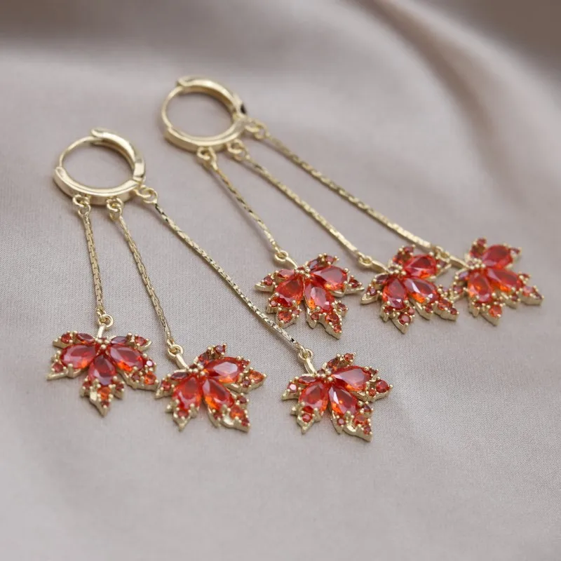 New Fashion Jewelry 14K Gold Plated Orange Zircon Maple Leaf Tassel Pendant Earrings Elegant Women's Wedding Party Accessories