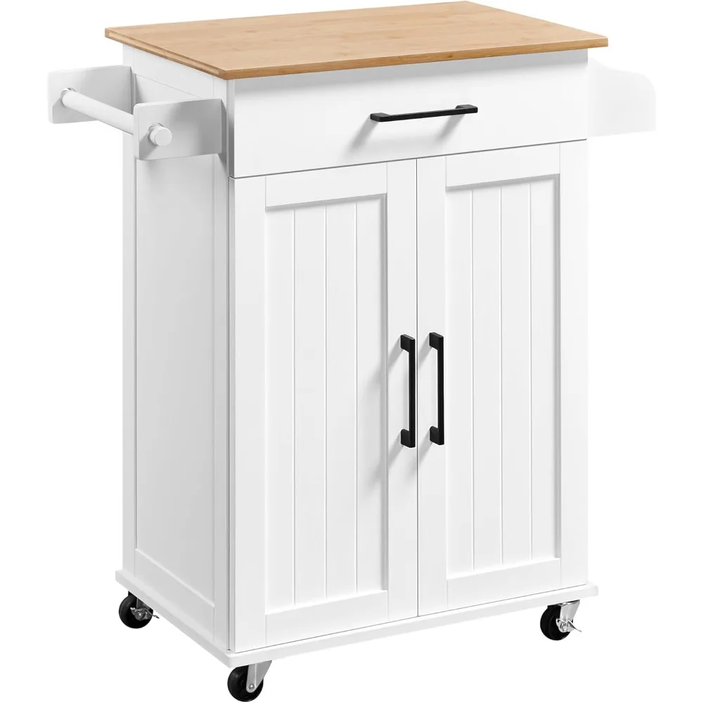 Kitchen Cart Bamboo Tabletop, 32 Inch Width Rolling, Drawer Adjustable Shelf, Storage Cabinet Island