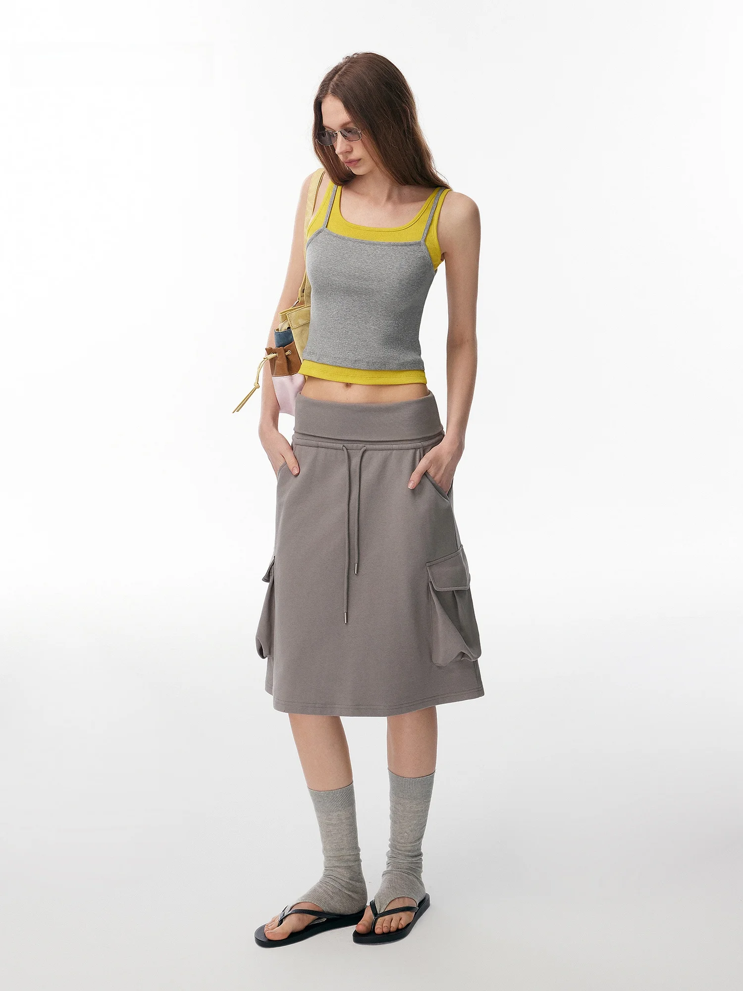 Annachic Workwear Style Multi-Pocket Pleated Elastic Waist Drawstring A-Line Skirt Casual Low Waist Simple Design Ladies Skirt