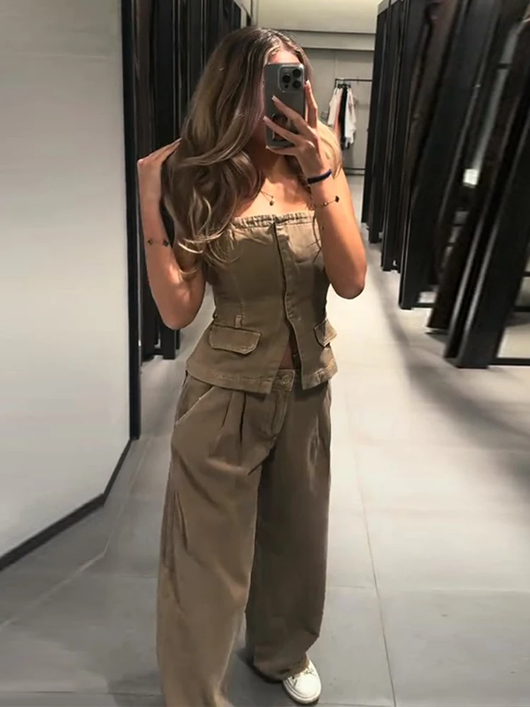 Y2k Women's Chest Wrap Vest Pant Suit 2026 Slim Sleeveless Cowboy Top High Waist Button Jeans Female Sets Fashion Solid Lady Set view 2