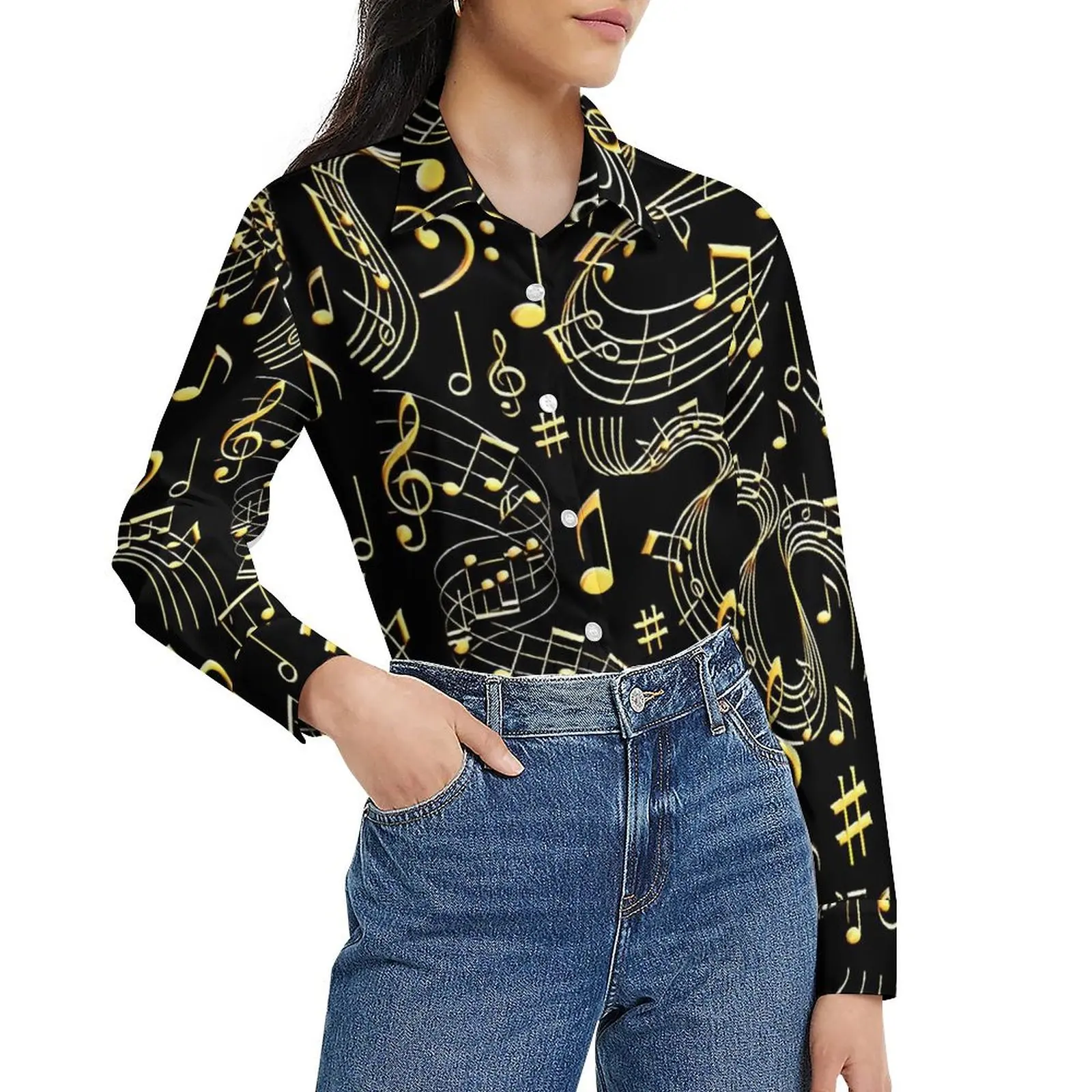 Gold Music Note Print Blouse Long-Sleeve  Office Work Blouses Women Streetwear Oversized Shirt Graphic Clothes Gift