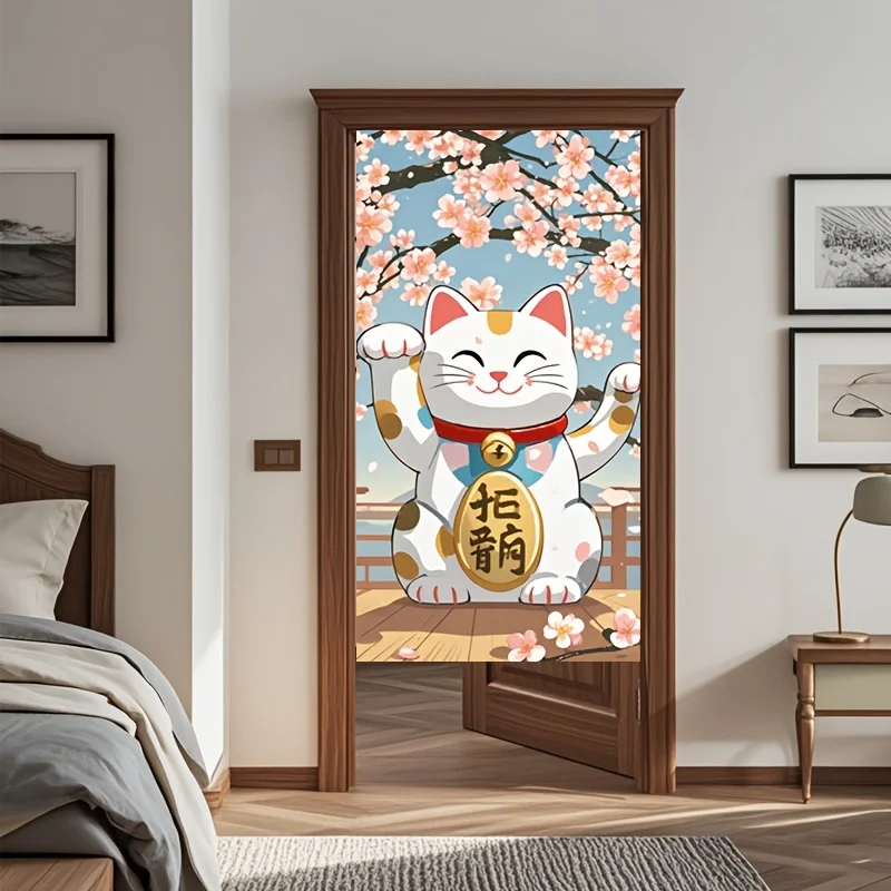 [Cartoon Animal Linen Curtains] Hand Washable Cartoon Animal Linen Blend Doorway Curtains - Unlined, All-Season Cherry Blossom