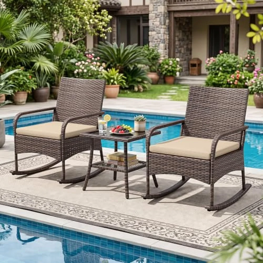 3 Piece Outdoor Wicker Rocking Bistro Set with 2 Tier Coffee Table
