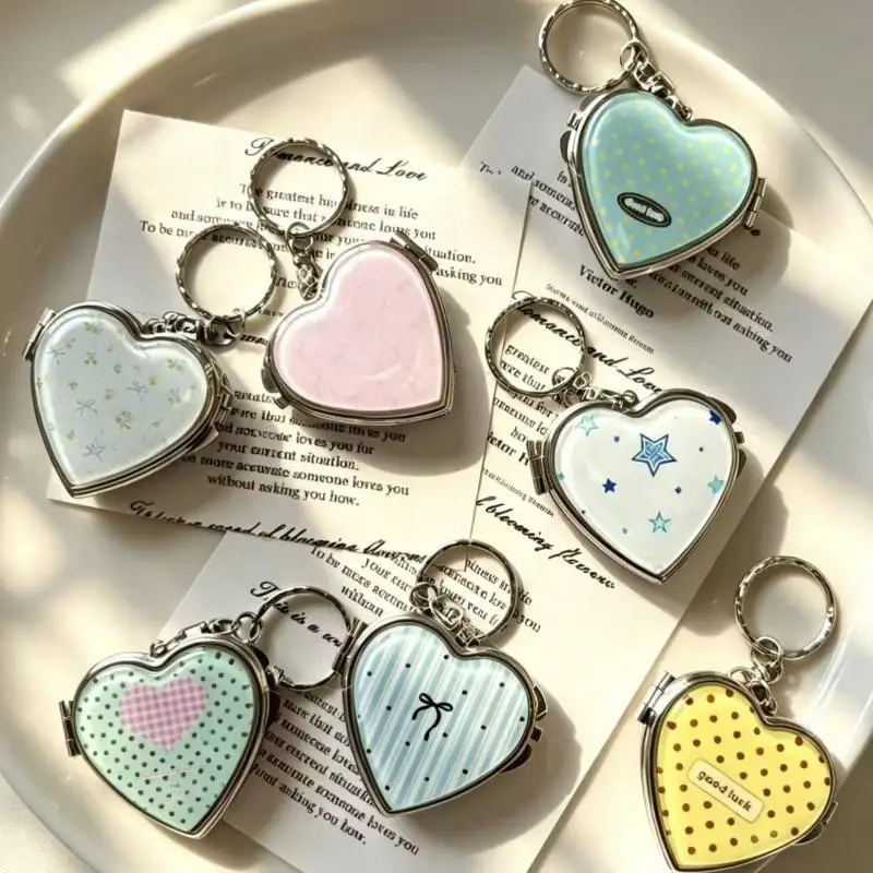 Acrylic Panel Keychain Heart Shaped Alloy Hardware Keychain Pendant Silver Tone Edging Pastel Patterns Key Ring Best Friend Gif