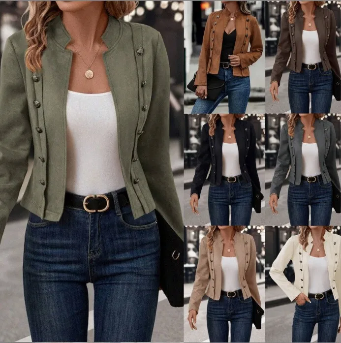 Women's Spring Autumn Ethnic Style Slim Fit Mock Neck Long Sleeve Solid Color Medium Weight Pullover Jacket with Pocket Regular