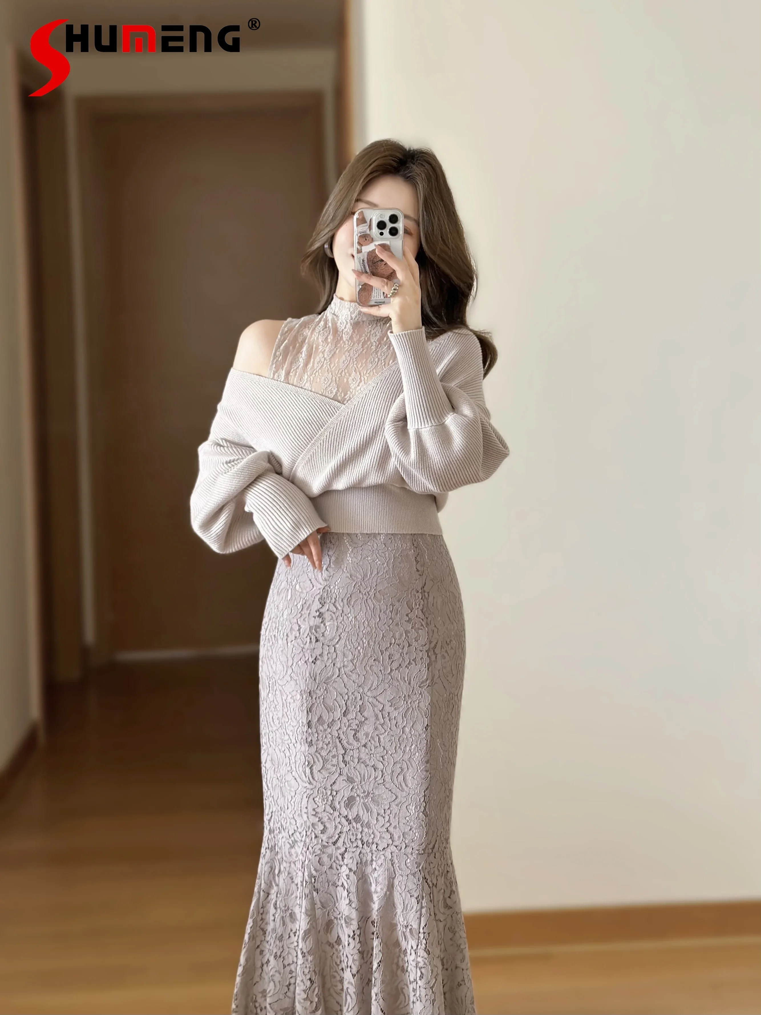 

Japanese Sweet Socialite turtleneck Lace Splicing Off-Shoulder Lantern Long Sleeve Casual Pullover Knitted Top For Women Autumn