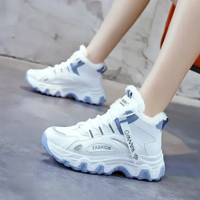 

Pop Women Tennis Winter Platform Lace Up Vulcanized Shoes New Chunky Breathable Mesh Casual Sneakers Velvet Warm Dad Shoes