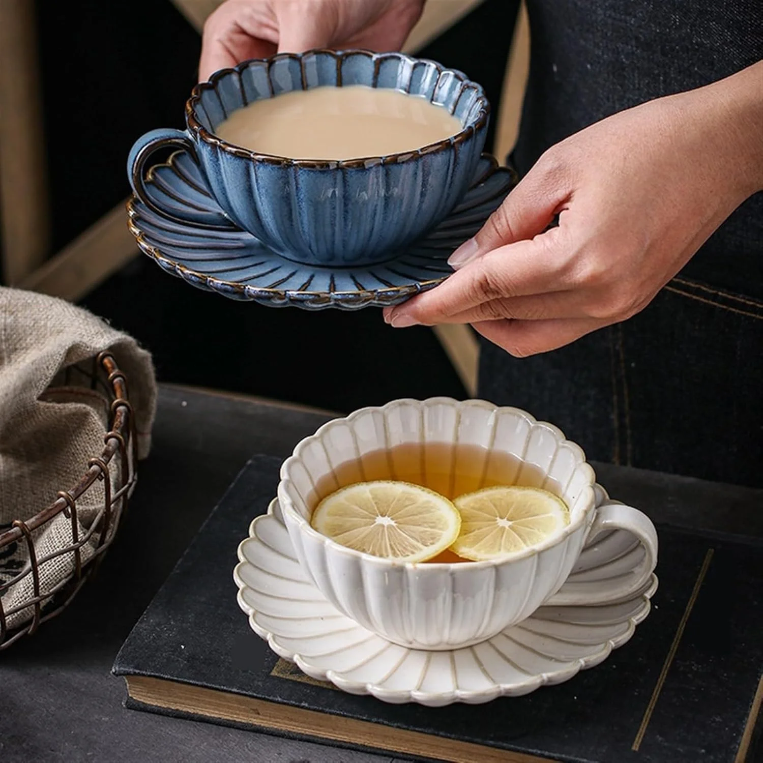 Vintage Ceramic Coffee Mug Set with Saucer, Creative Retro Design for Afternoon Tea and Coffee, B - Colorful Option Cloud mug