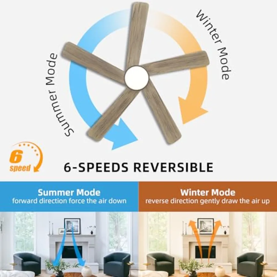 Indoor ceiling fan with graphite finish and gray wood blades: 48-inch DC motor, 6-speed noiseless reversible operation, integra
