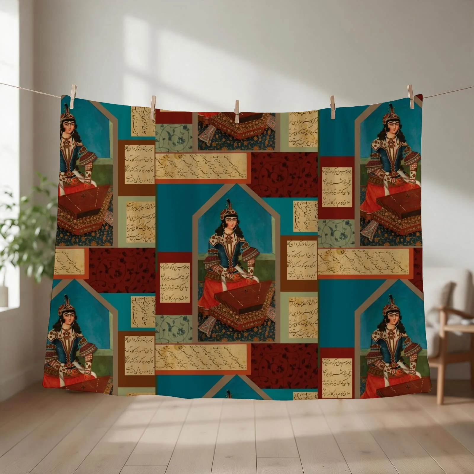 Persian Musician and Calligraphy Throw Blanket couch cozy soft plush fuzzy picnic outdoor blanket