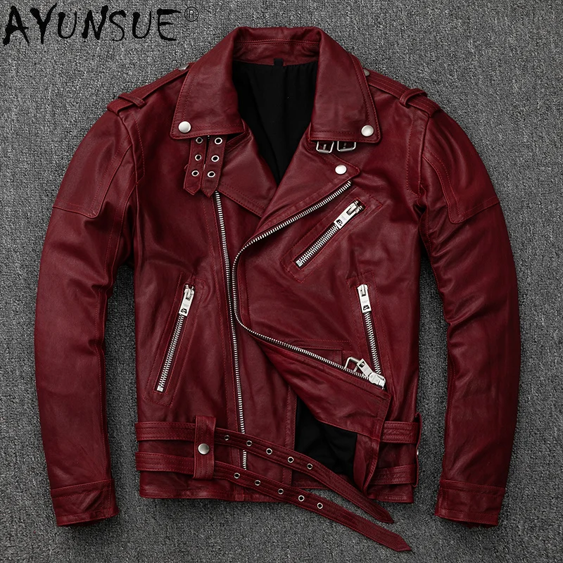 High Quality Leather Jacket Men Vintage Slim Short Motorcycle Sheepskin Coat Clothing Chaqueta De Cuero Hombre WPY3680