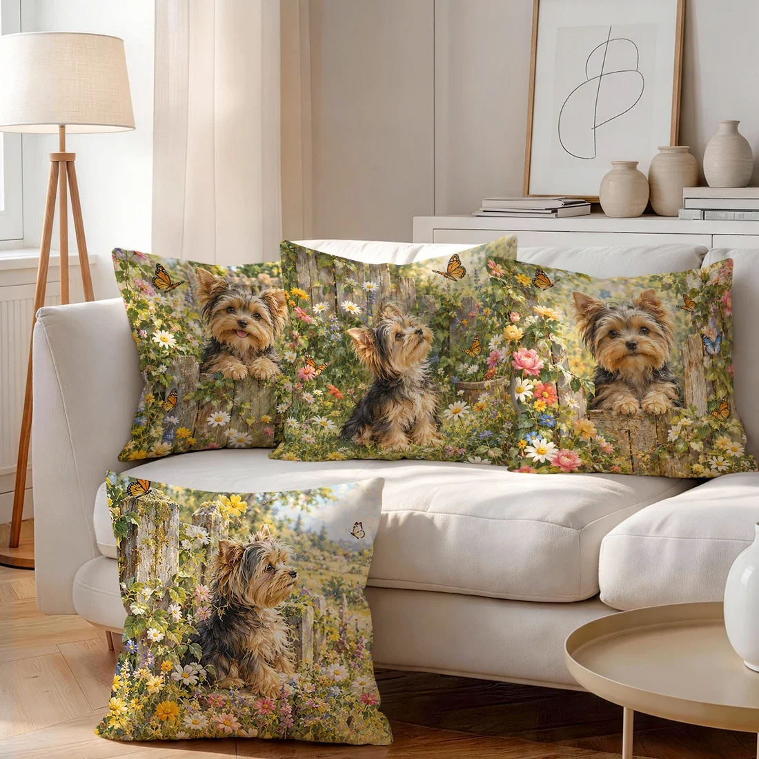 1/4pcs Yorkshire Puppy In The Garden Cushions Pillowcase Polyester Cushion Cover Throw Pillow Pillowcover Home Car Sofa Decor