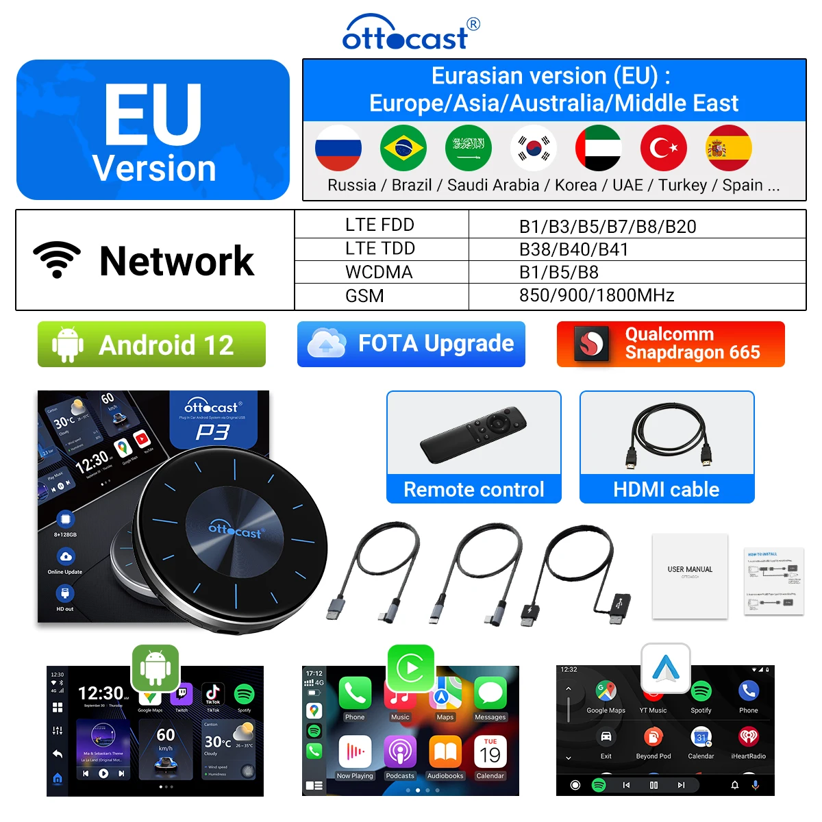 Ottocast P3 CarPlay Ai TV Box Draadloze Android Auto Car Play Adapter Voor Volvo Mercedes Audi Bedrade CarPlay Auto Of Play2Video Pro