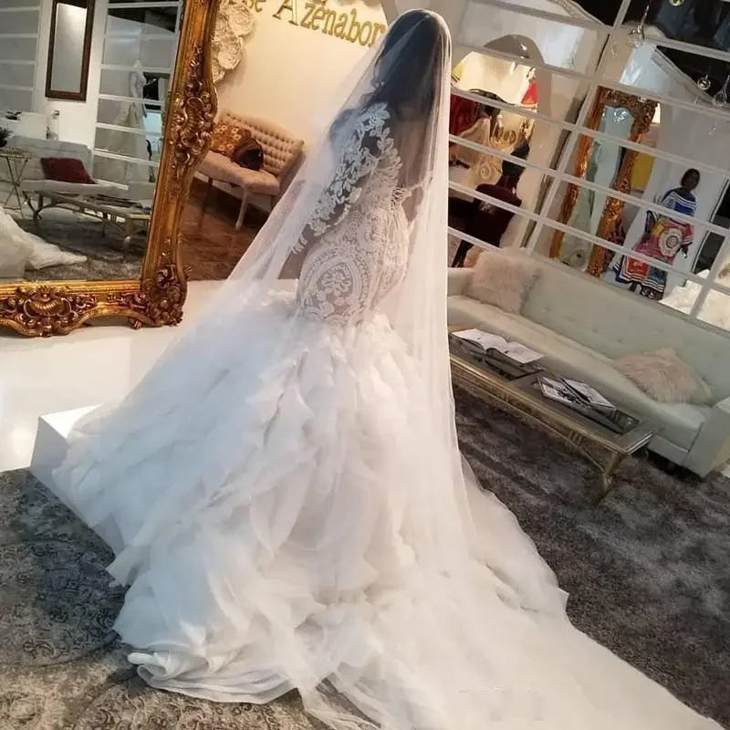 Vestidos de novia de sirena de lujo personalizados, falda con volantes, vestidos de novia árabes africanos de talla grande