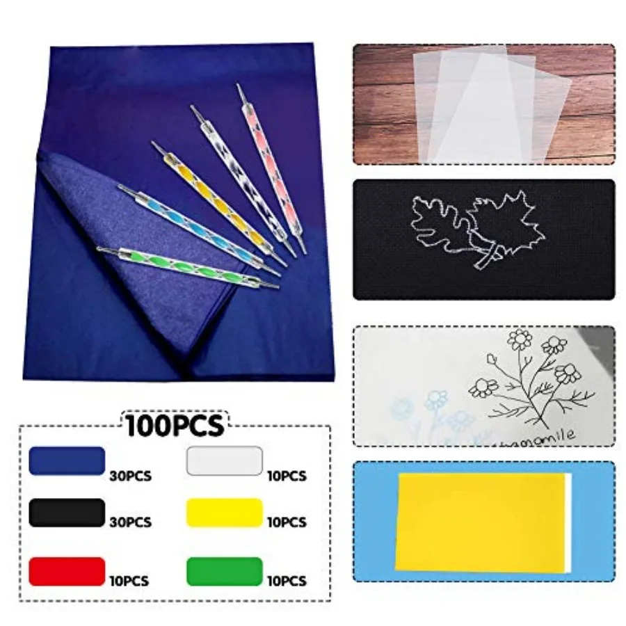 100 Sheets Carbon Transfer Paper, Tracing Paper Carbon Graphite Copy Paper with 5 Pieces Embossing Styluses Stylus Dotting Tool