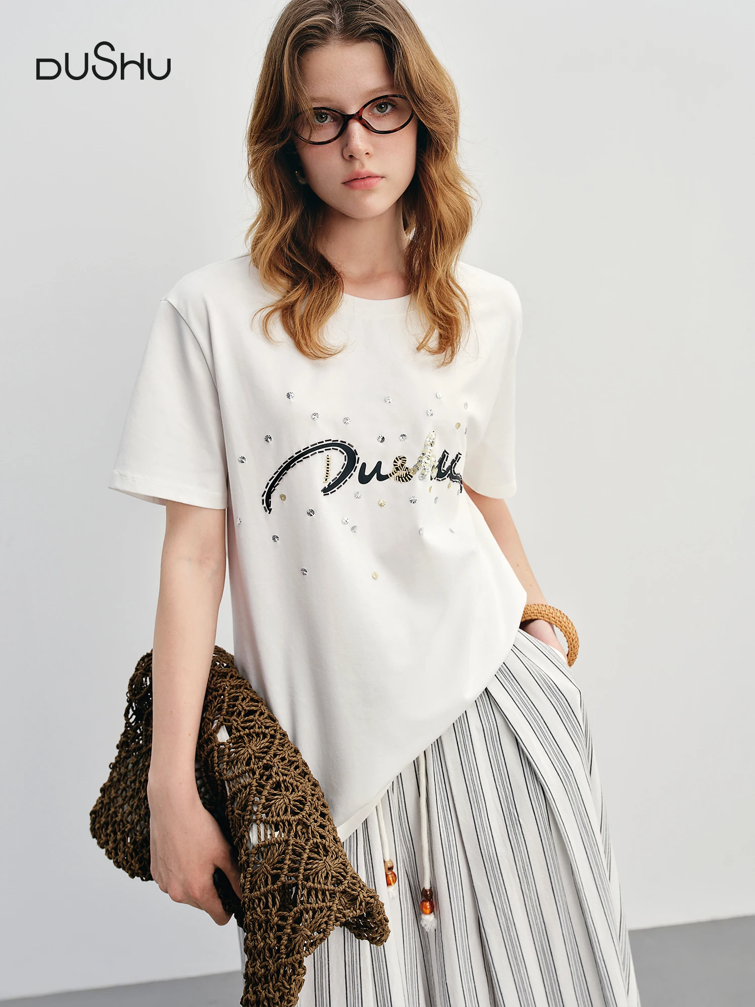 ​FSLE Summer 2025 Letter Print T-Shirt - Beaded Detail Round Neck Loose Fit Casual Top Women Fashion​
