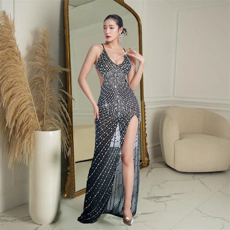 Women Summer Sheer Mesh Diamonds High Split Long Sexy Party Dress Low Cut Backless See Through Rhinestone Night Club Maxi Dress