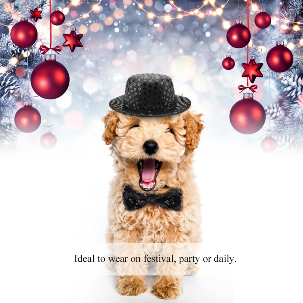 Black Sequin Surface Pet Sequin Top Hat Elastic Head Strap Adjustable Neck Band Dog Formal Party Outfit Two Piece Combo
