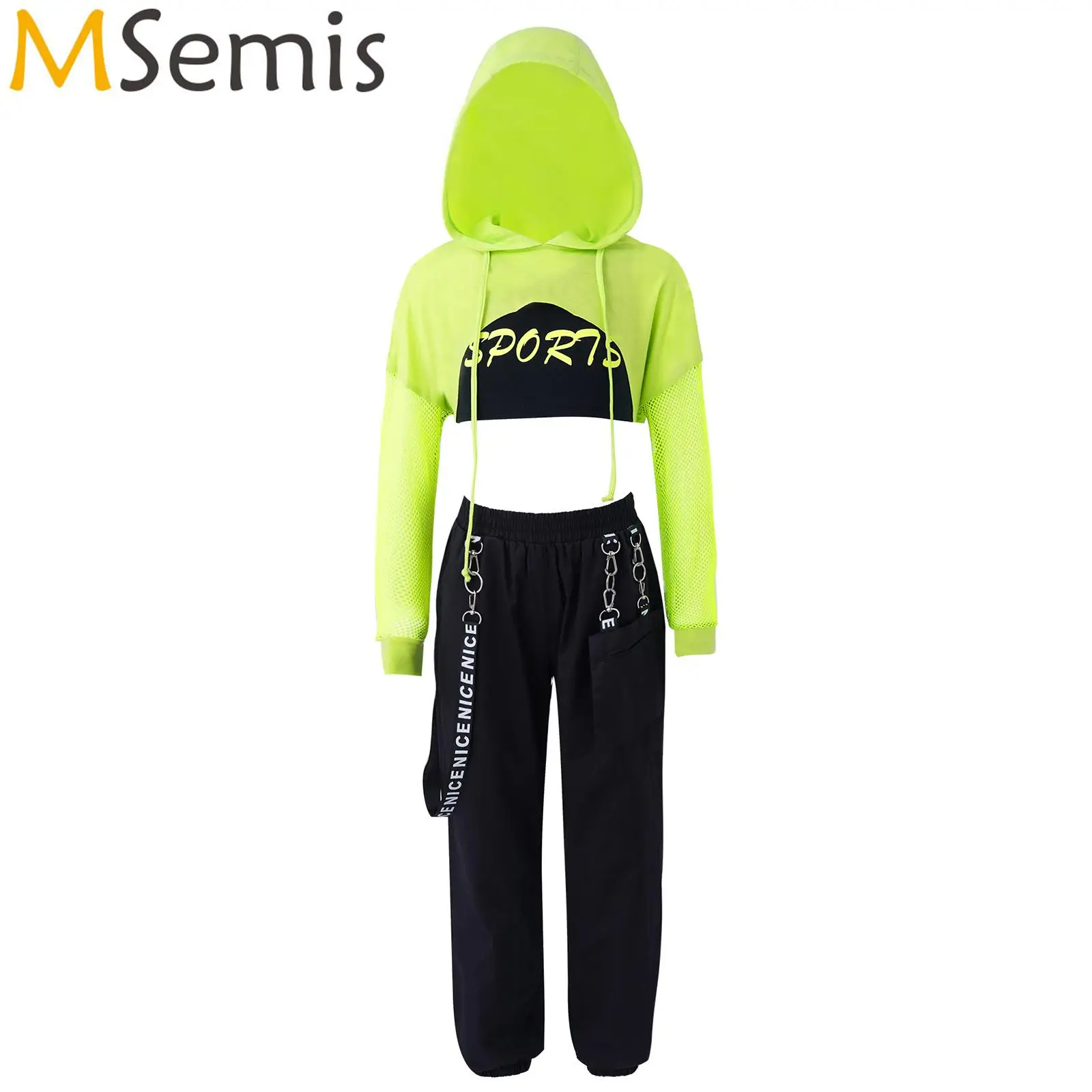 3Pcs Kids Girls Jazz Hip Hop Modern Dance Performance Costume Hooded Net Cover Up Tops with Crop Vest And Pants Set Dancewear