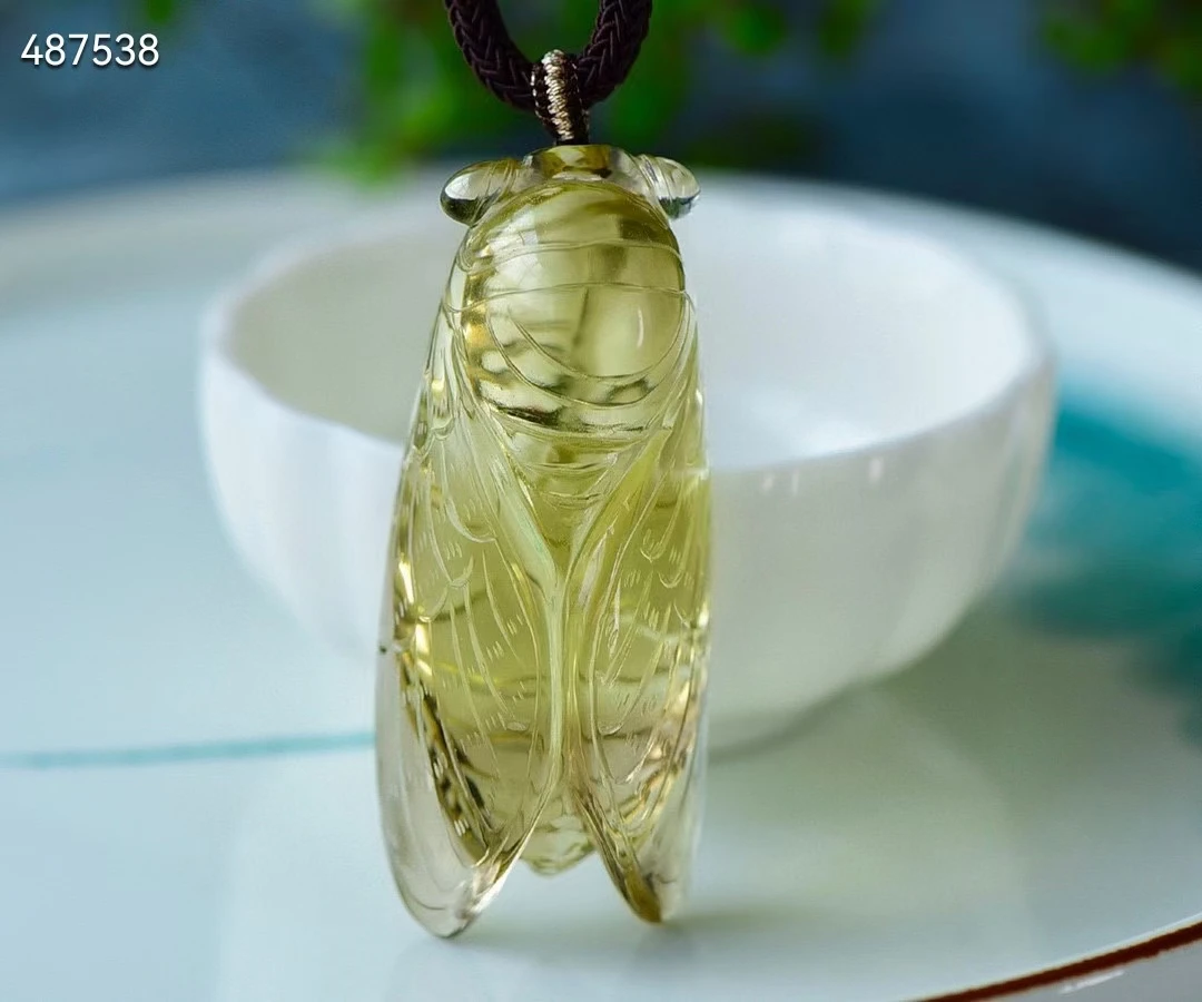 

Natural Yellow Citrine Quartz Cicada Pendant Women Jewelry 49*25*15mm Citrine Beads Necklace AAAAA