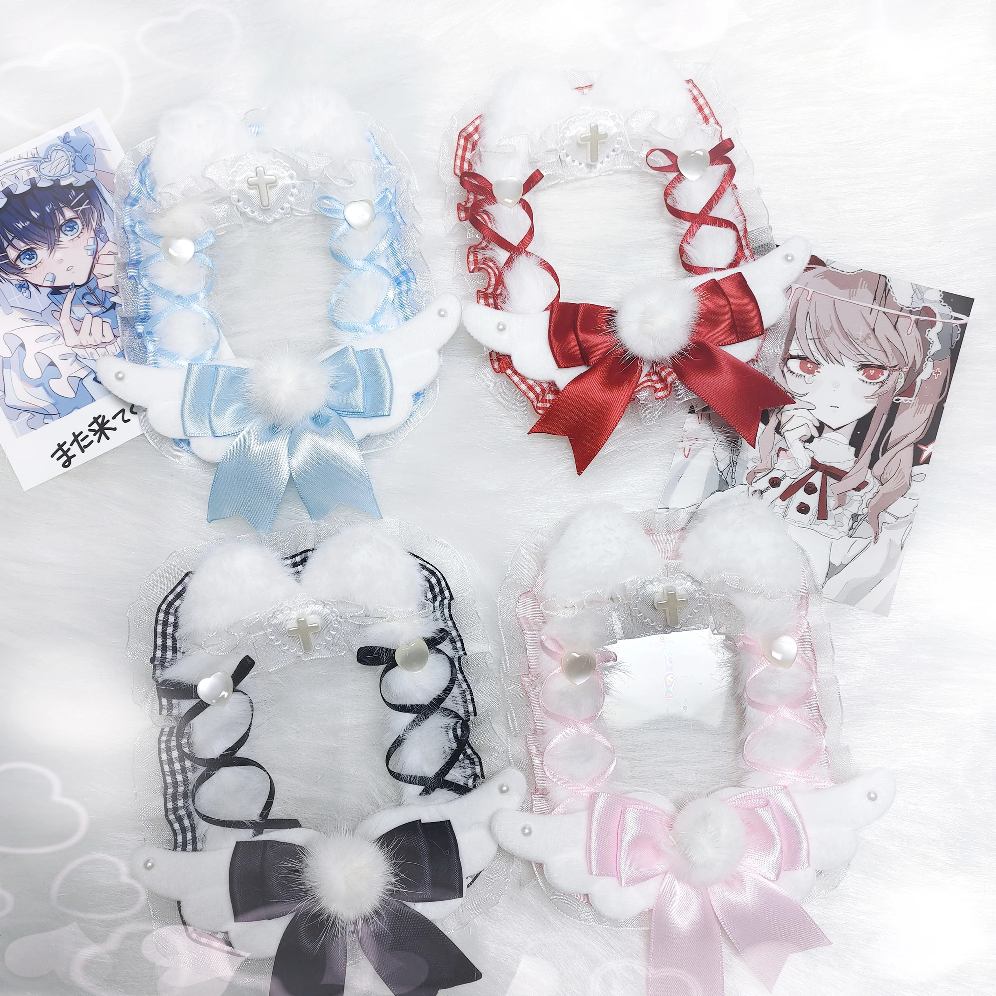 

Plush Cat Ear Card Holder Keychain Lace Photocard ID Card Toploader Starchasing Small Card Goka Love Angel Wings Cross Decor