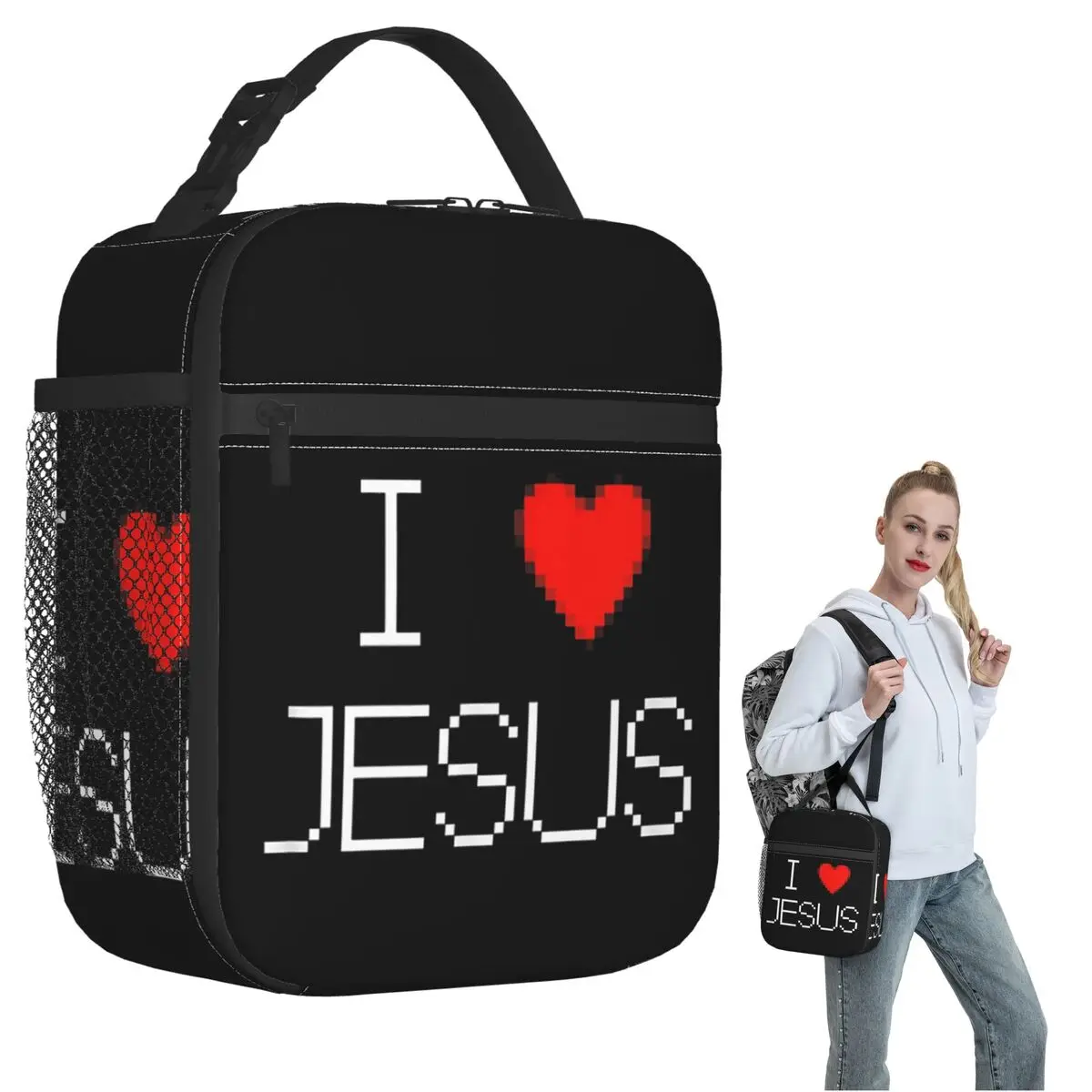 I Love Jesus God Cross Print Insulated Lunch Bag for Women Children Portable Food Boxes Thermal Lunch Box Tote