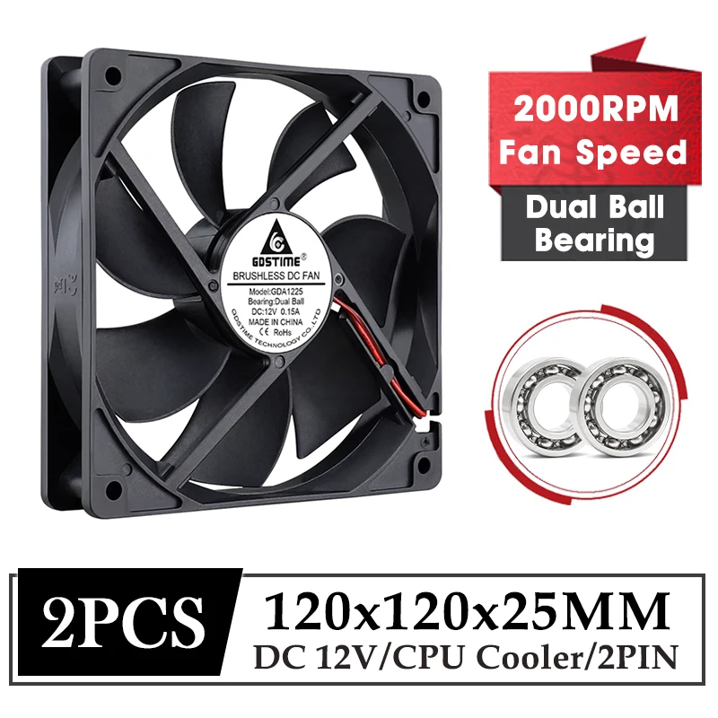 

Gdstime 2Pcs 120MM Cooler Fan DC 12V Dual Ball Fan 120*120*25MM Brushelss Cooling Fan 12025 2000RPM Radiator for PC CPU Cooling