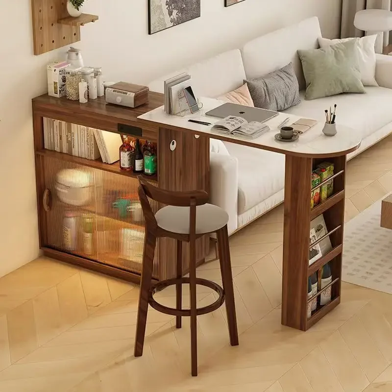 Household bar table retractable living room rock slab pattern dining partition integrated apartment platform storage cabinet