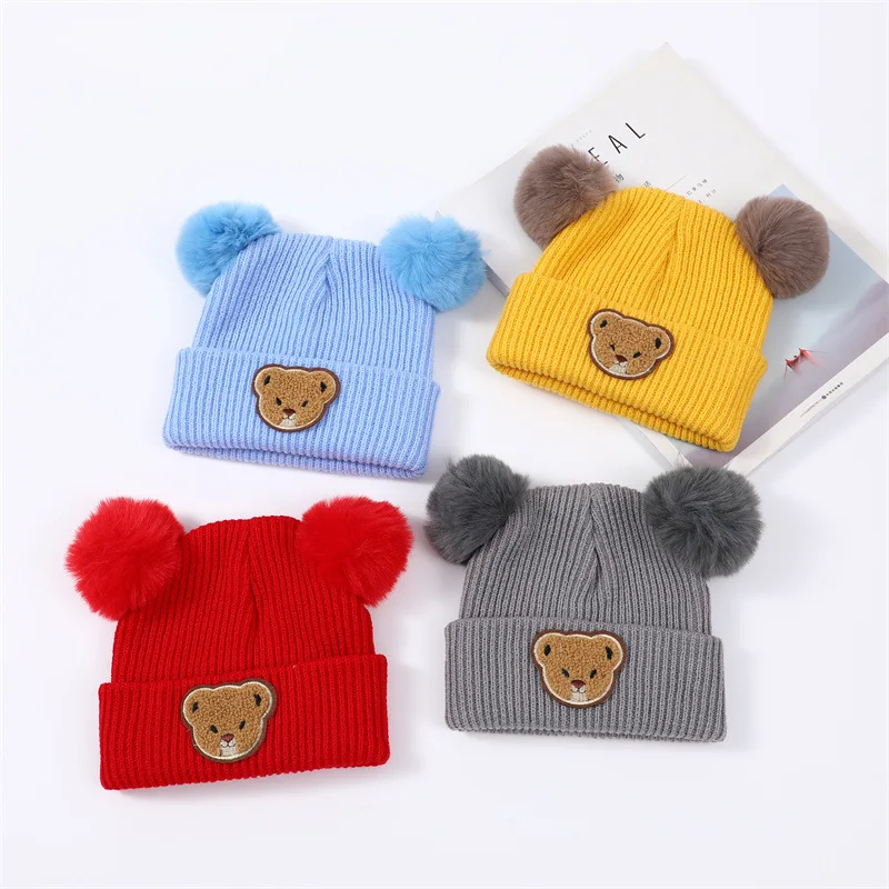 

Winter Baby Bear Knitted Hat Cute Double Plush Ball Infants Pullover Cap Solid Woolen Crochet Bonnet 6-36M Boy Girl Kids Beanies