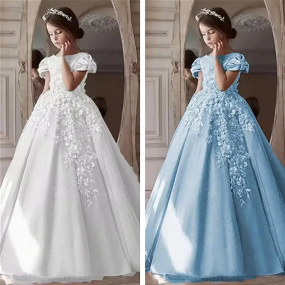 

Customized Princess Flower Girl Wedding Dress Appliques Floral Short Sleeve Puffy Little Children's Communion Prom Ball Gowns