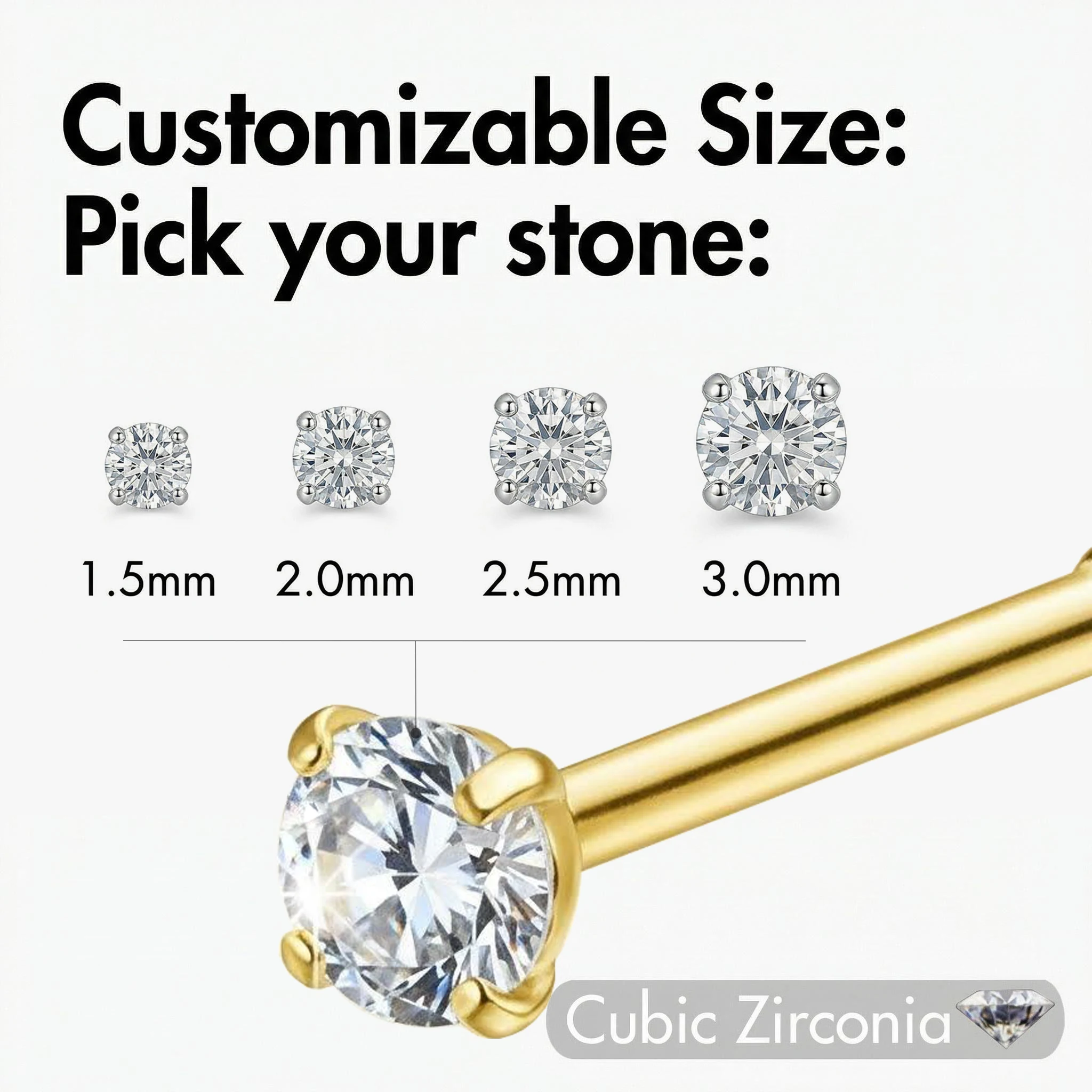5Pcs CZ Crystal Stainless Steel Nose Studs Piercing Rings Jewelry Bone Shape Nostril Piercings Round Gem for Women 20guage 0.8mm