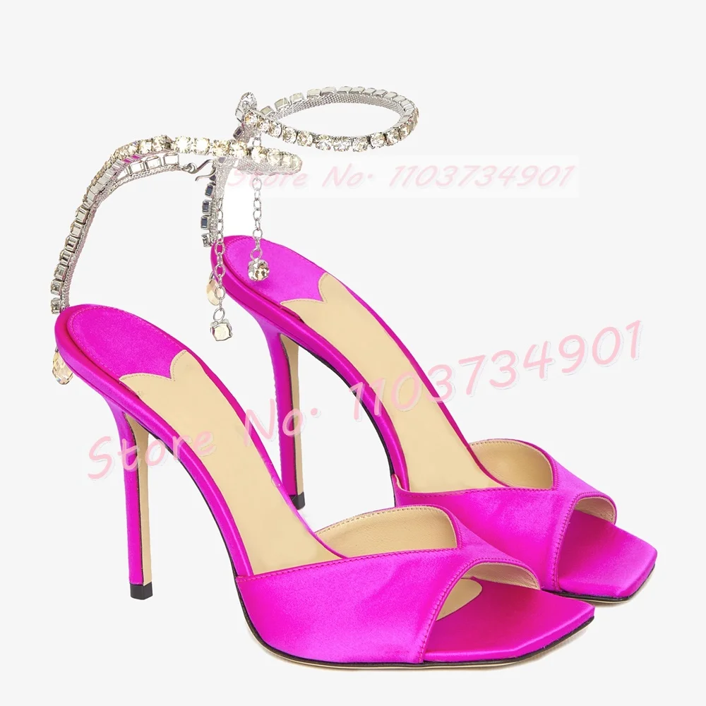 Metal Chain Pendant Crystals Sandals Women Ankle Strap Square Toe Stiletto Shoes Lady Satin Sexy Elegant Fish Patterns Sandals