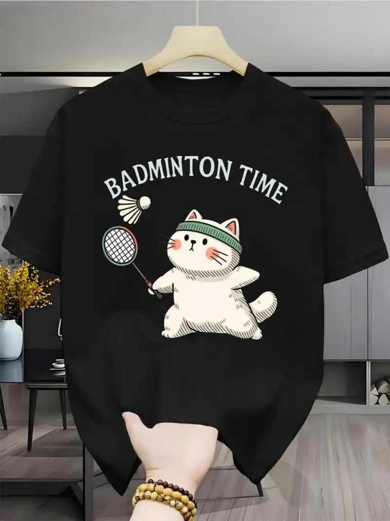 Funny Badminton Cat Playing Racquet Men's Casual Short Sleeve Round Neck T-Shirt For Outdoor Daily Wear Breathable Gift For Dad