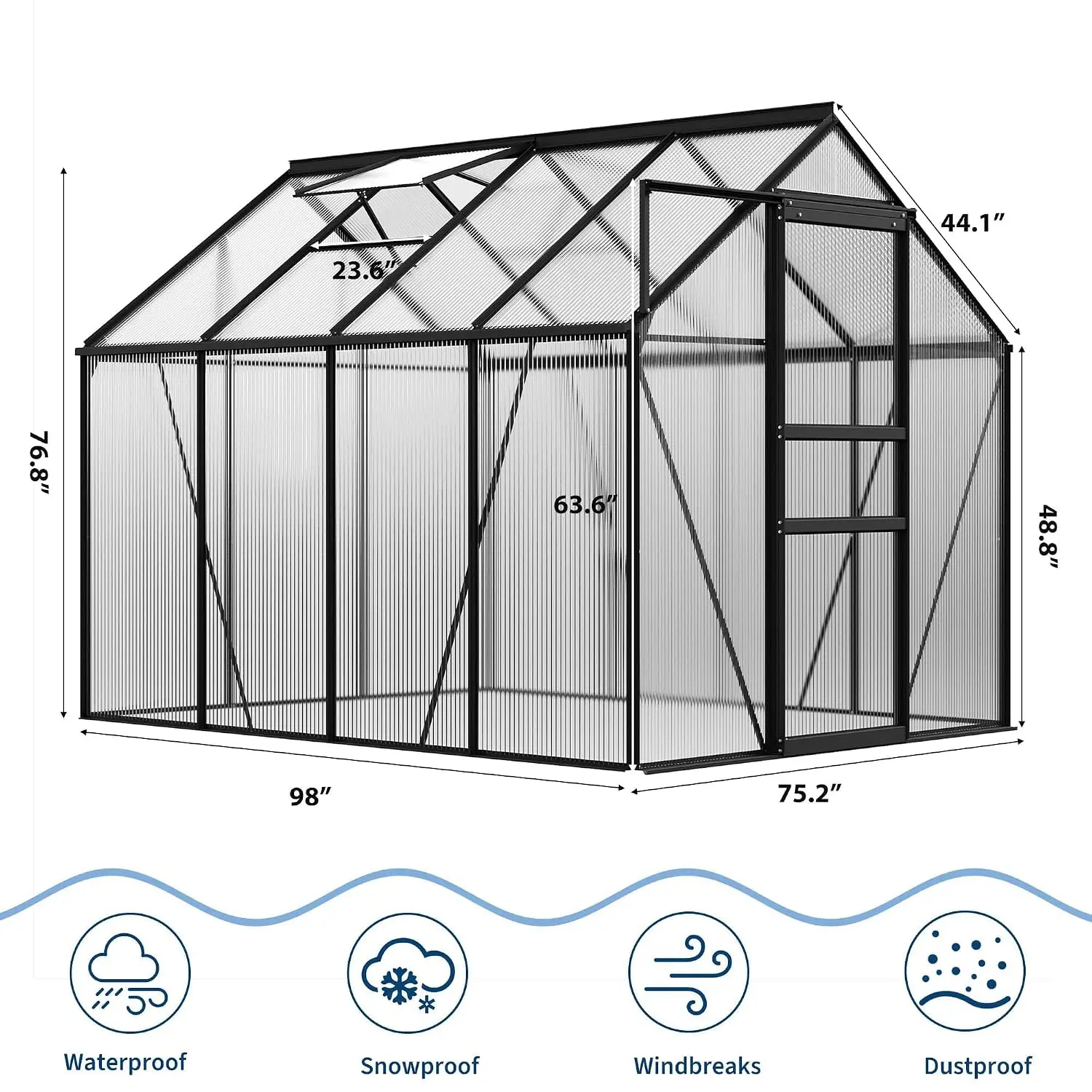 8x6 ft Polycarbonate Greenhouse with Sliding Door, Vent, Rain Gutter, Walk-in Garden, Aluminum Frame, Black, Customized