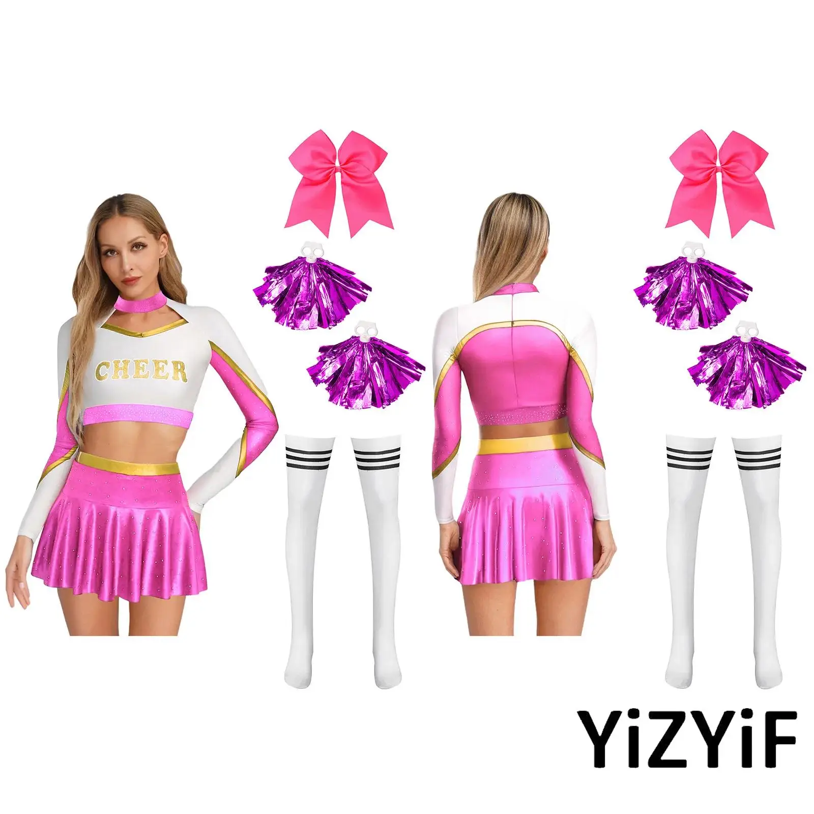 

Carnival Women Cheerleading Roleplay Costume Contrast Color Shiny Rhinestone Crop Top+Miniskirt+ Hairband+Flower Balls+Stockings
