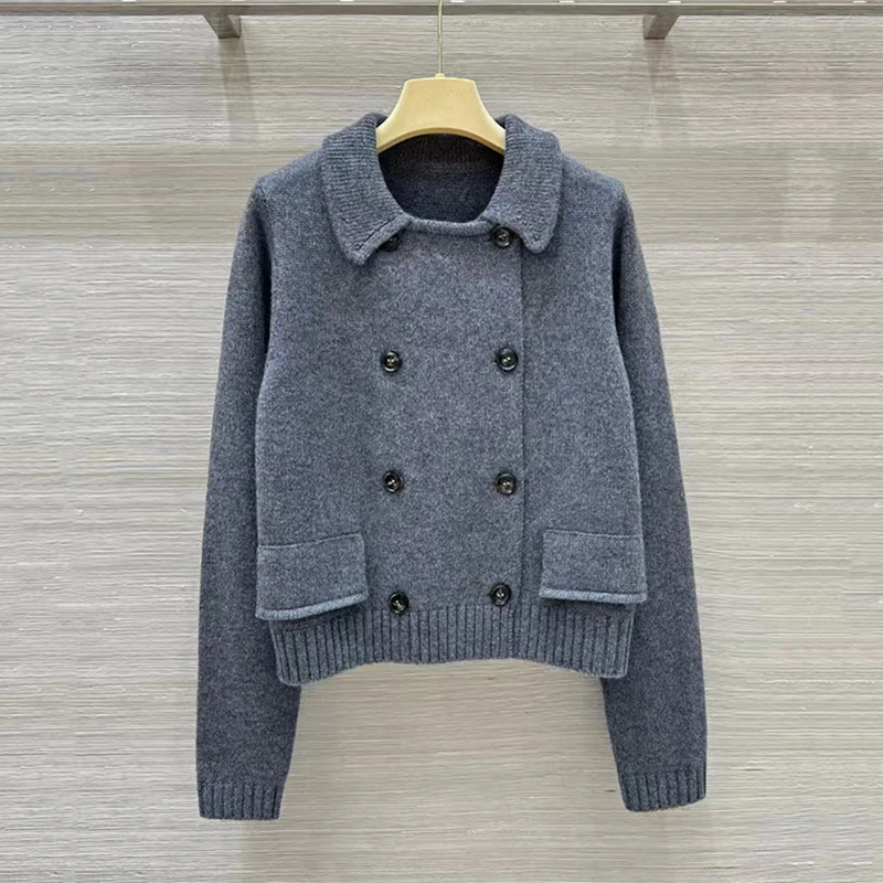 Women\'s lapel double-breasted pocket wool cashmere knit cardigan fall and winter new long-sleeved jacket, high quality tops