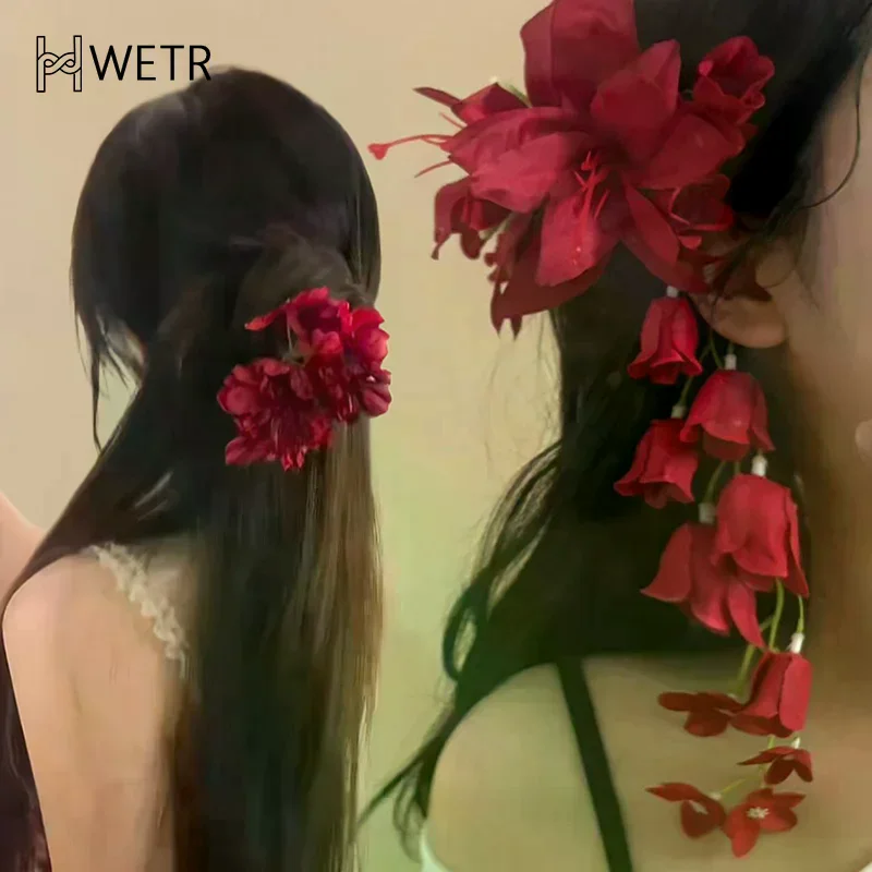 

Red Lily Of The Valley Lily Tassels Hairpins Flower Petal Duckbill Hairgrip Simulation Flower Girls Women Headdress Accessory